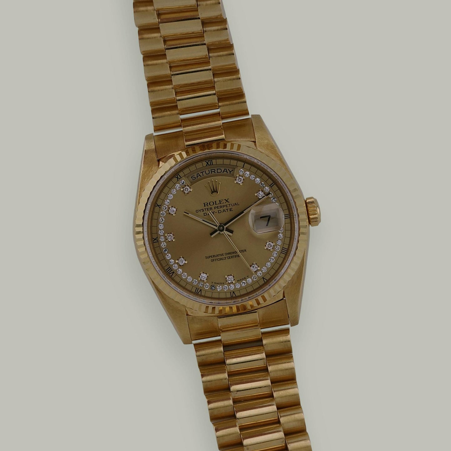 18K 1991 Rolex Day-Date 18238 36mm Diamond String Dial Watch