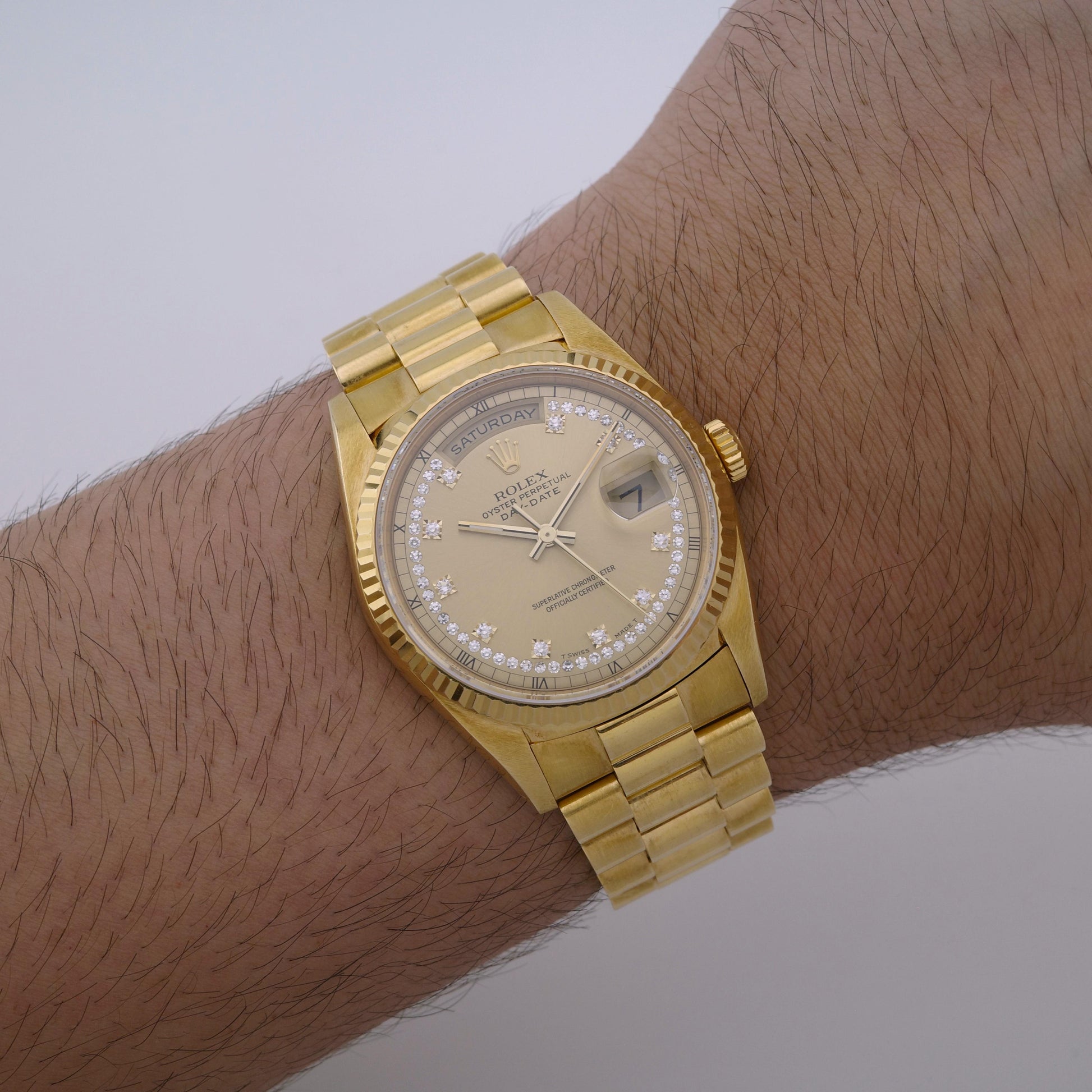 18K 1991 Rolex Day-Date 18238 36mm Diamond String Dial Watch